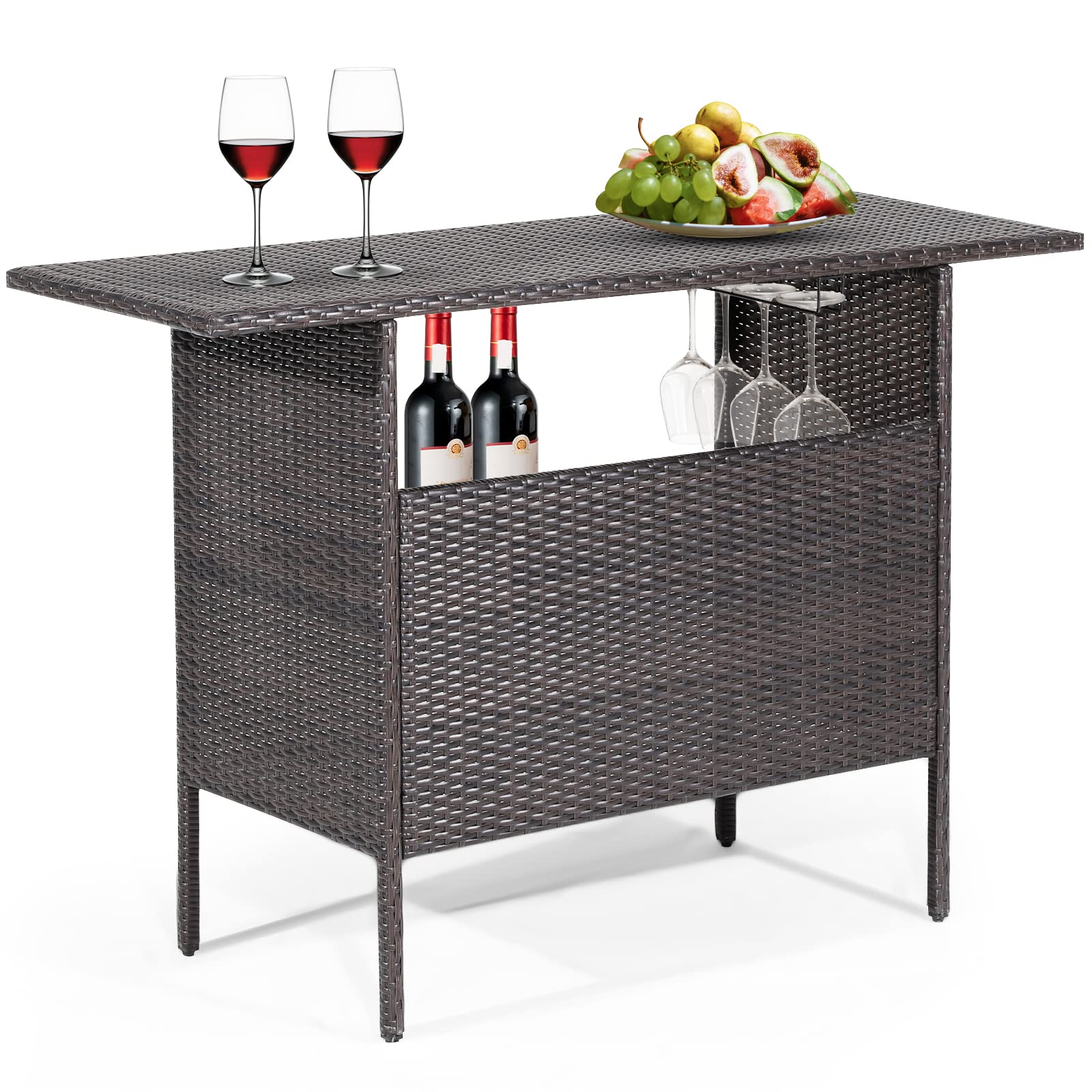 Table de bar d'extérieur en osier Tangkula avec 2 étagères en treillis métallique et 2 porte-verres en acier (Marron mélangé)